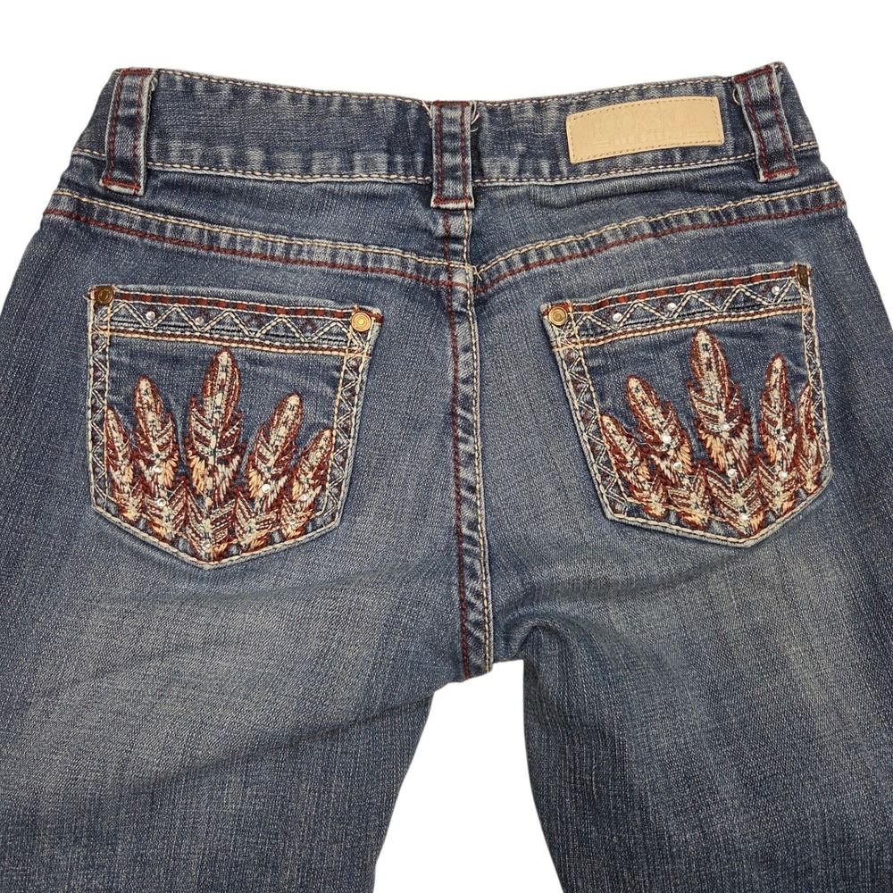 Rock & Roll Cowgirl Jeans Womens 6 28W 27L Blue Feather Embroidered Bootcut